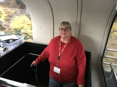 Lady aboard railcar elevator.