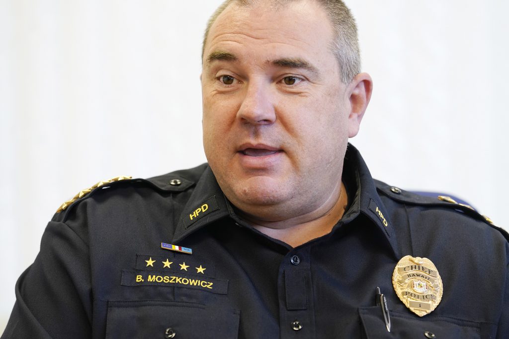 Hawaii Police Department Chief Ben Moszkowicz talks with Civil Beat Tuesday, Nov. 7, 2023, in Hilo. (Kevin Fujii/Civil Beat/2023)