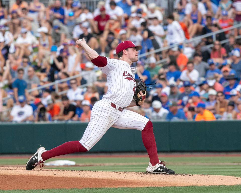 Gamecocks pitcher Jack Mahoney (23) is the starter for South Carolina in Game 2 of the NCAA Super Regional against Florida, Saturday, June 10, 2023, at Condron Family Ballpark in Gainesville, Florida. The Gators beat the Gamecocks 4-0 and are headed to the College World Series in Omaha. [Cyndi Chambers/ Gainesville Sun] 2023