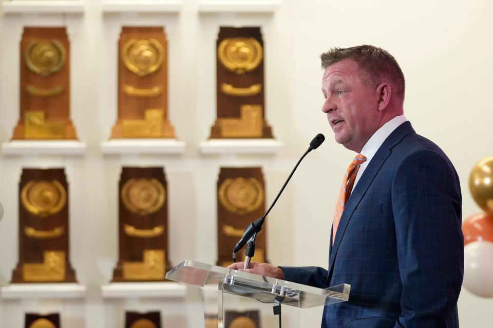 University of Texas baseball coach Jim Schlossnagle speaks at his introductory news conference at the Frank Denius Family University Hall of Fame Wednesday June 26, 2024.