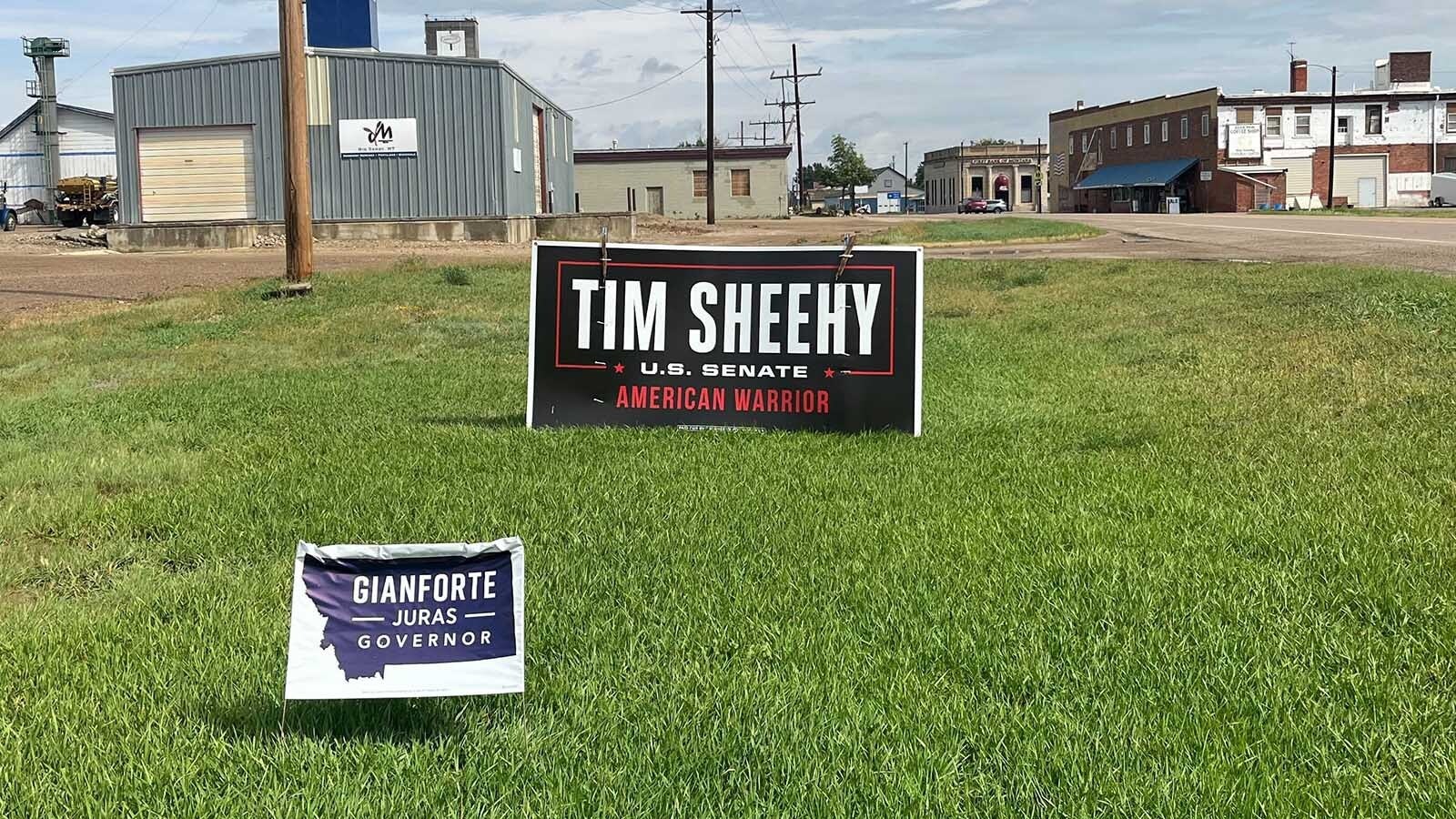 This sign for Republican U. S. Senate candidate Tim Sheehy is the first thing people see when they enter his opponent Sen. Jon Tester’s hometown of Big Sandy, Montana.