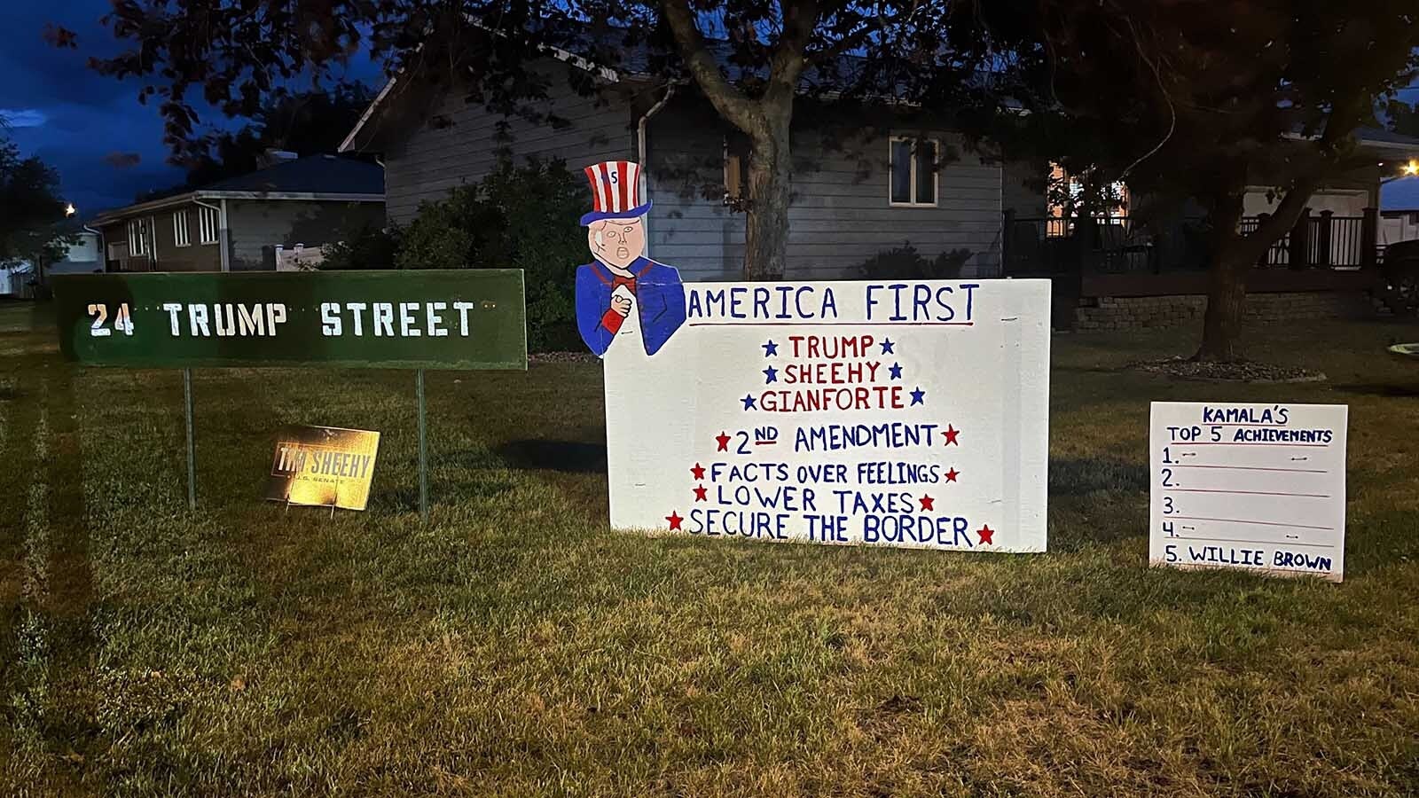 A pro-Tim Sheehy yard display in Fort Benton, Montana.