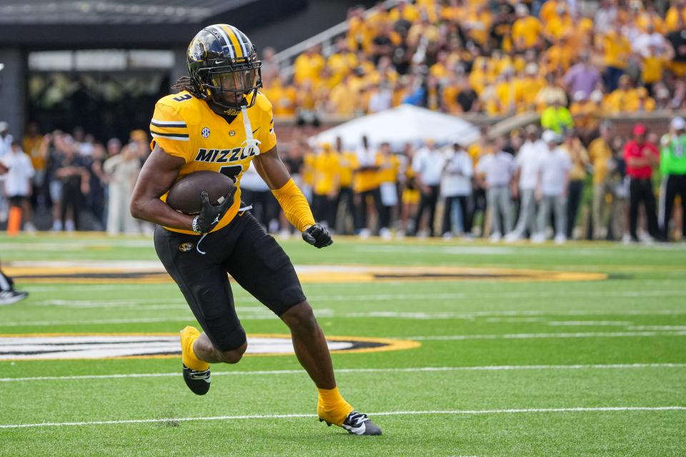 Sep 14, 2024; Columbia, Missouri, USA; Missouri Tigers wide receiver Luther Burden III (3) runs in for a touchdown against the Boston College Eagles during the first half at Faurot Field at Memorial Stadium. Mandatory Credit: Denny Medley-Imagn Images