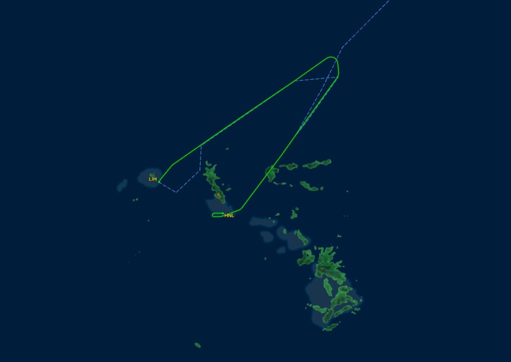 Map showing Alaska Airlines Flight 810 diversion from Lihue to Honolulu due to flight attendants feeling ill