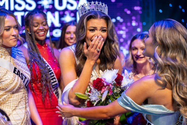 Fellow contestants congratulate 2nd Lt. Alma Cooper after winning the Miss USA 2024 pageant Aug. 4 in Los Angeles. She is currently pursuing her master's degree in statistics from Stanford University.