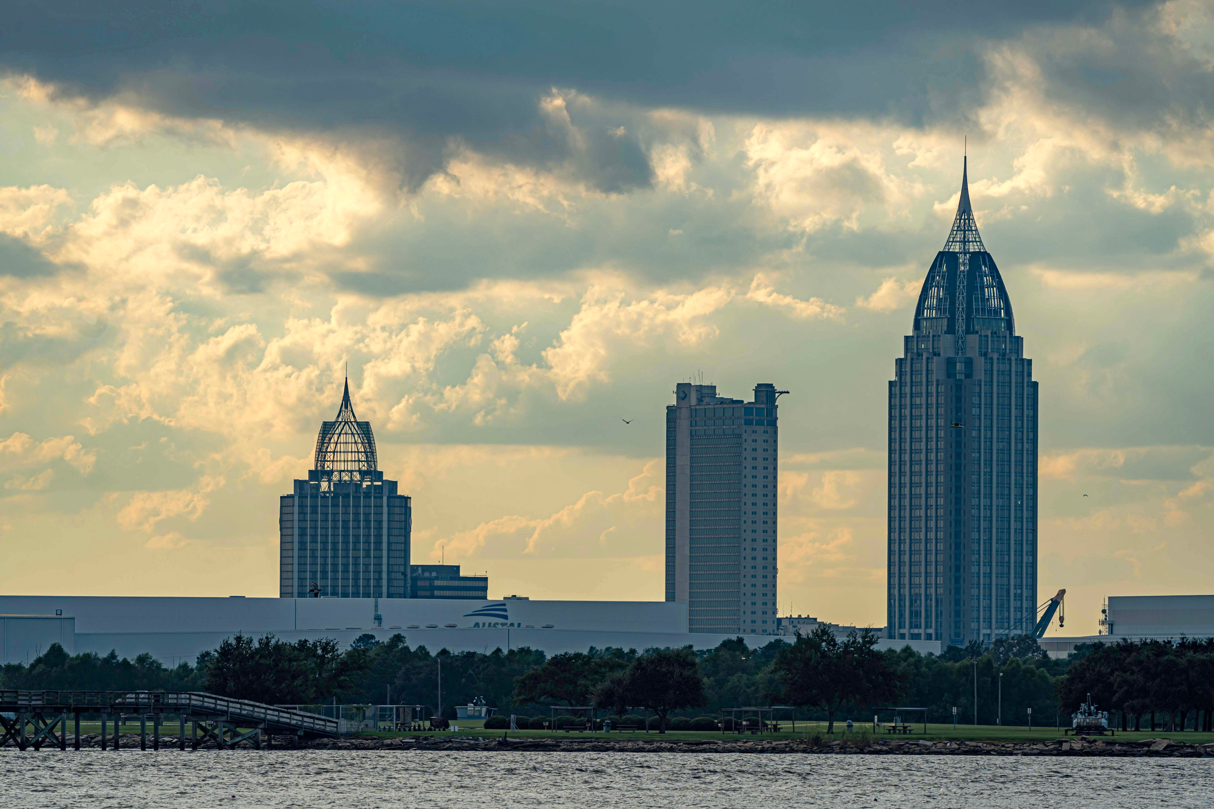 A view of the Mobile skyline, including the Austal USA shipbuilding facility, from Mobile Bay. Credit: Lee Hedgepeth/Inside Climate News