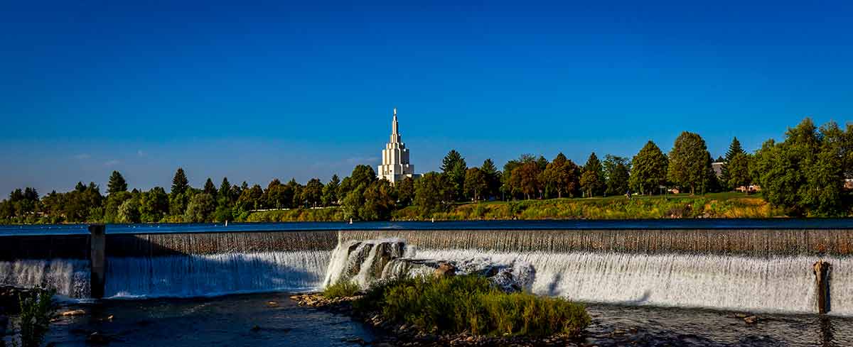 waterfall and temple in Idaho Falls