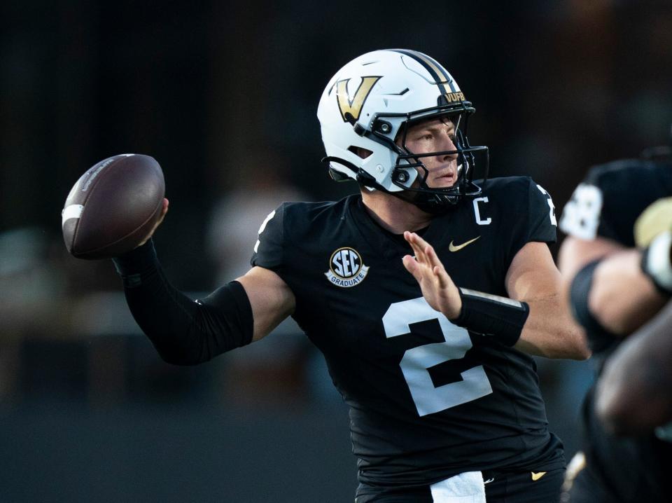 Vanderbilt Commodores quarterback Diego Pavia (2) throws against the Alcorn State Braves during their Southeastern Athletic Conference game at FirstBank Stadium in Nashville, Tenn., Saturday, Sept. 7, 2024.