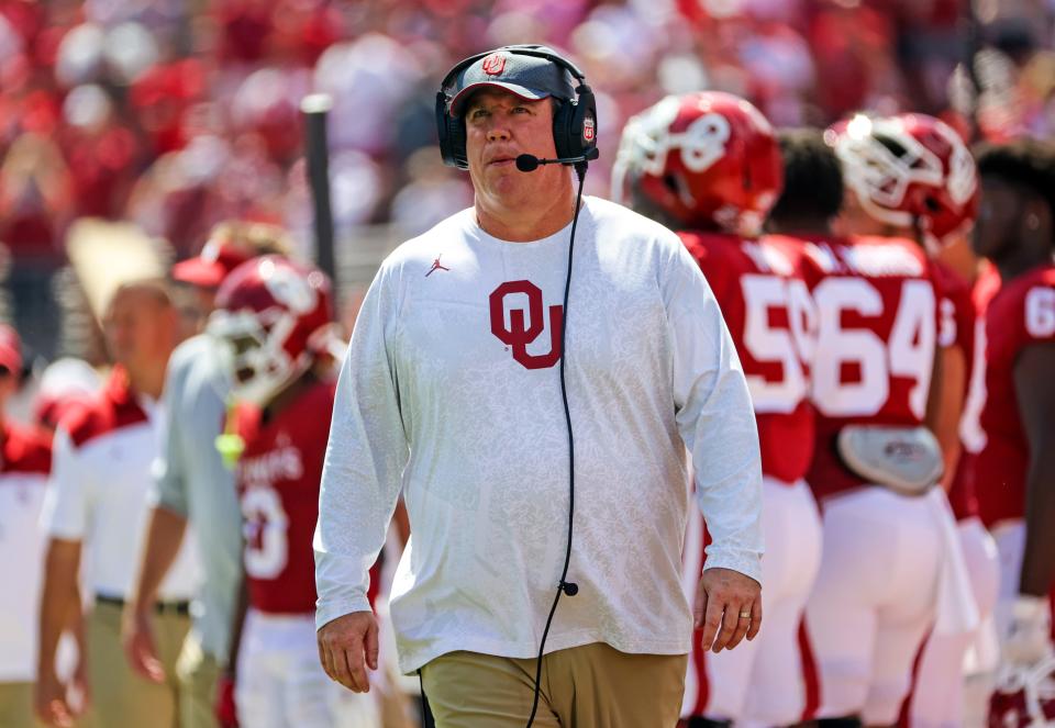 Sep 18, 2021; Norman, Oklahoma, USA; Oklahoma Sooners offensive line coach Bill Bedenbaugh during the game against the Nebraska Cornhuskers at Gaylord Family-Oklahoma Memorial Stadium. Kevin Jairaj-USA TODAY Sports