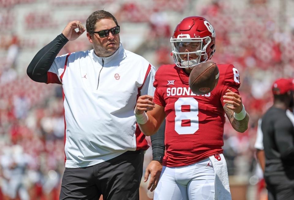 Sept. 3, 2022; Norman; Oklahoma Sooners quarterback Dillon Gabriel (8) and offensive coordinator Jeff Lebby before the game against the UTEP Miners at Gaylord Family-Oklahoma Memorial Stadium. Kevin Jairaj-USA TODAY Sports