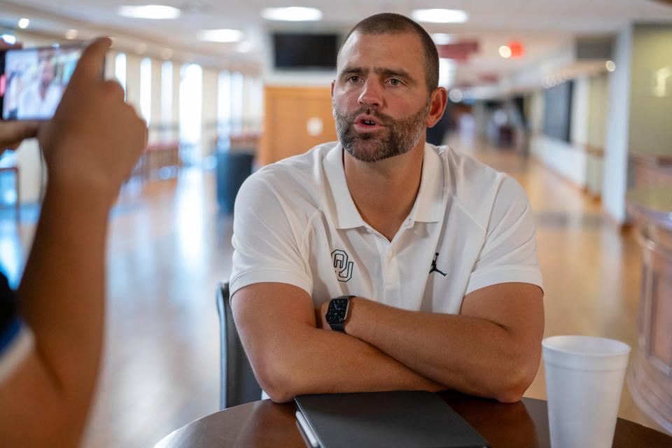 OU tight ends coach Joe Jon Finley speaks during a media day for the University of Oklahoma Sooners (OU) football team in Norman, Okla., Tuesday, Aug. 1, 2023. Bryan Terry, The Oklahoman