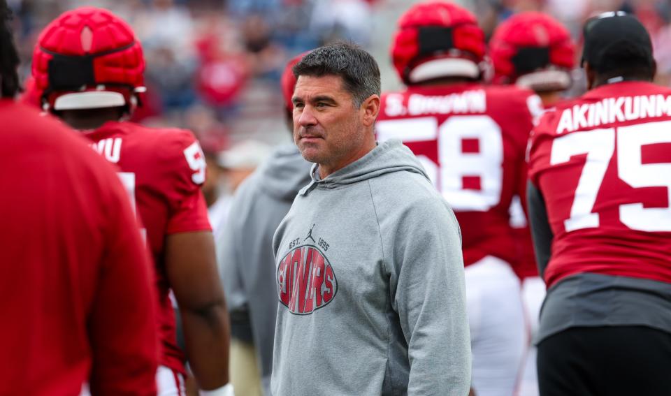 Apr 20, 2024; Norman, OK, USA; Oklahoma Sooners offensive coordinator Seth Littrell before the Oklahoma Sooners spring game at Gaylord Family OK Memorial Stadium. Mandatory Credit: Kevin Jairaj-USA TODAY Sports