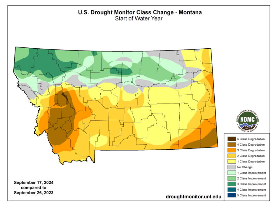 The change in drought class across Montana from Sept, 26, 2023 to Sept. 17, 2024. (Source: U.S. Drought Monitor)