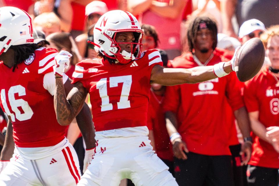 Aug 31, 2024; Lincoln, Nebraska, USA; Nebraska Cornhuskers wide receiver Jacory Barney Jr (17) celebrates after a pass against the UTEP Miners during the first quarter at Memorial Stadium. Mandatory Credit: Dylan Widger-USA TODAY Sports