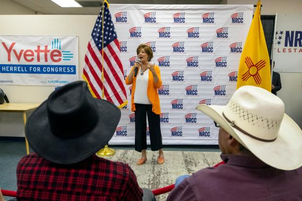 FILE - Republican U.S. House candidate Yvette Herrell of New Mexico speaks to attendees of a campaign event in Las Cruces, N.M., Aug. 21, 2024. (AP Photo/Andres Leighton, File)