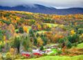 Autumn foliage in the Bershire Hills region of Massachusetts. Photo taken from a scenic viewpoint of the Mount Greylock Range during the peak fall foliage season. The Berkshires region enjoys a vibrant tourism industry based on music, arts, and recreation.