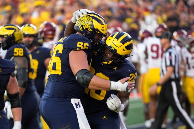 Michigan running back Kalel Mullings (20) celebrates his one-yard touchdown...