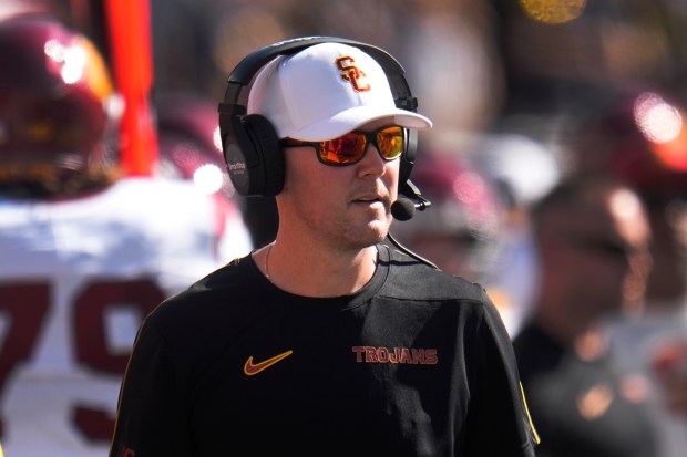 Southern California head coach Lincoln Riley watches against Michigan in...