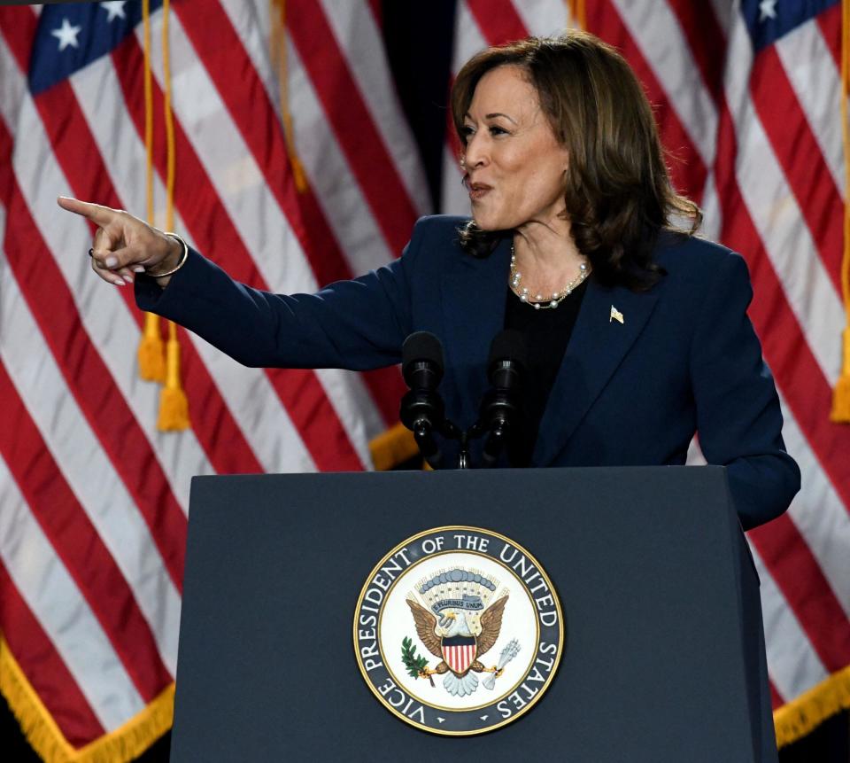 Vice President Kamala Harris speaks at her campaign rally at West Allis Central High School in West Allis, Wisconsin Tuesday July 23, 2024.