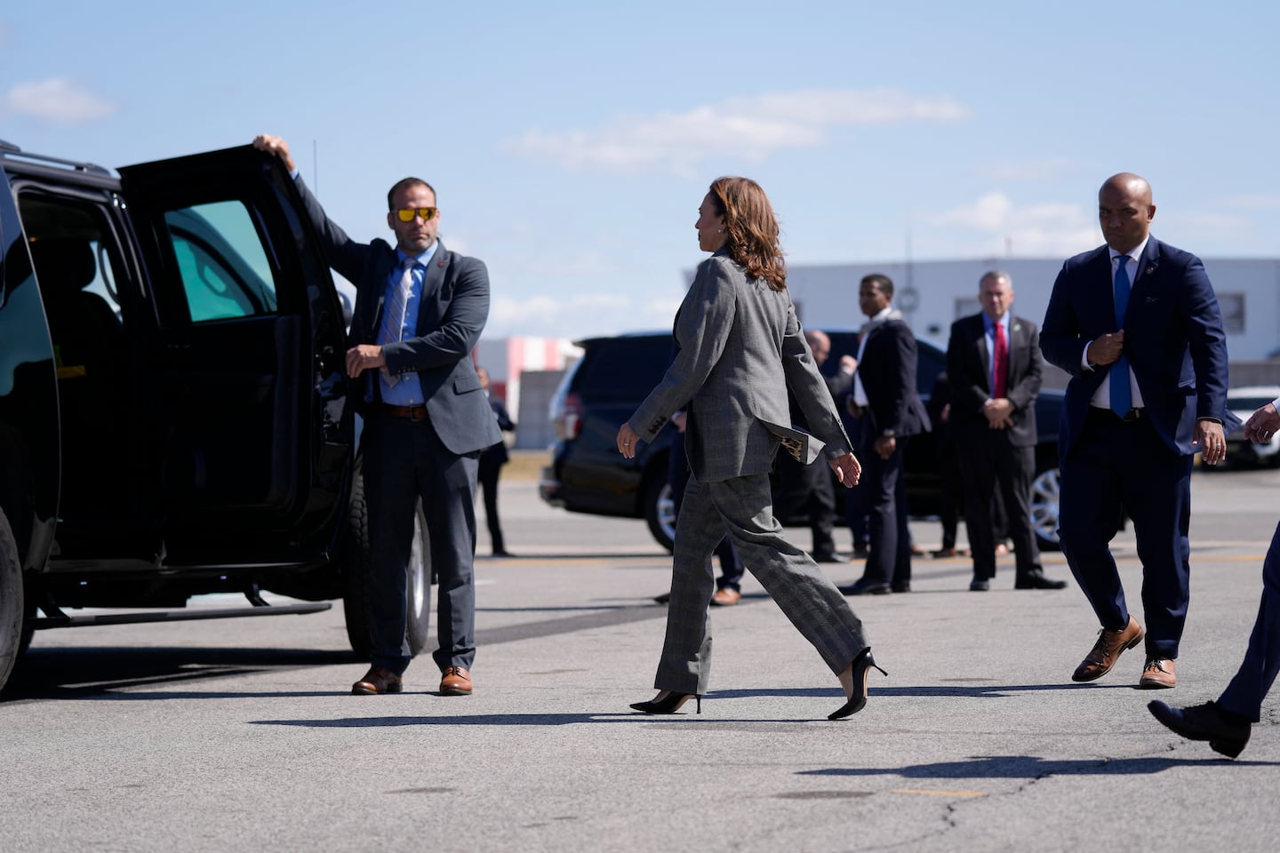 Vice President Kamala Harris steps off Air Force Two as she arrives at LaGuardia Airport in Queens, New York, Sept. 22, 2024. 