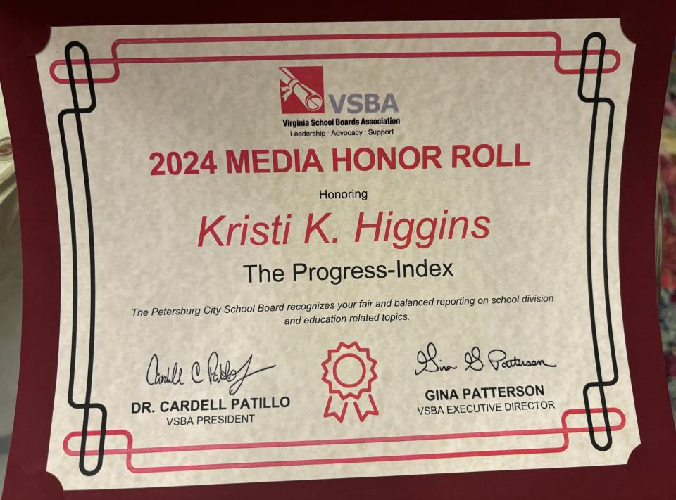 A 2024 VSBA Media Honor Roll certificate presented to Kristi K. Higgins, a multimedia journalist/columnist with The Progress-Index, part of the USA TODAY Network.