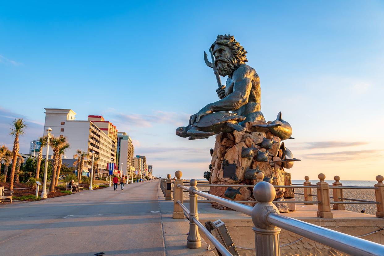 Virginia beach,VA,USA-May 7 2023 :Bronze statue of King Neptune is located in Virginia Beach.