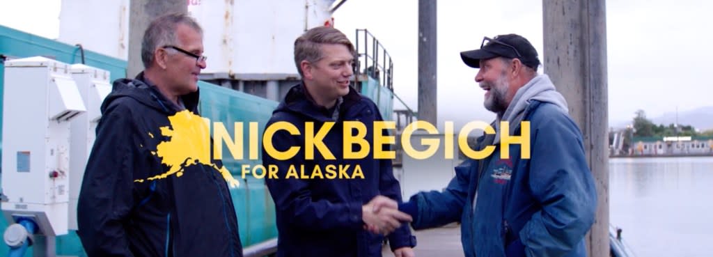 Alaska Republican Nick Begich posed with stars from the TV show “The Deadliest Catch” who are supporting him, according to a new ad out Tuesday. YouTube / Nick Begich for Alaska