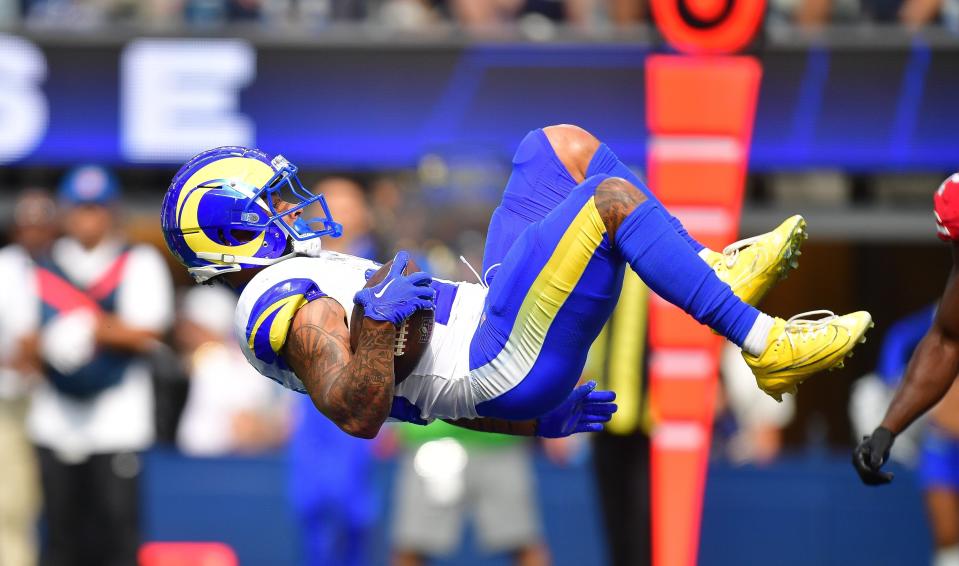 Sep 22, 2024; Inglewood, California, USA; Los Angeles Rams running back Kyren Williams (23) jumps into the endzone to score against the San Francisco 49ers during the first half at SoFi Stadium. Mandatory Credit: Gary A. Vasquez-Imagn Images