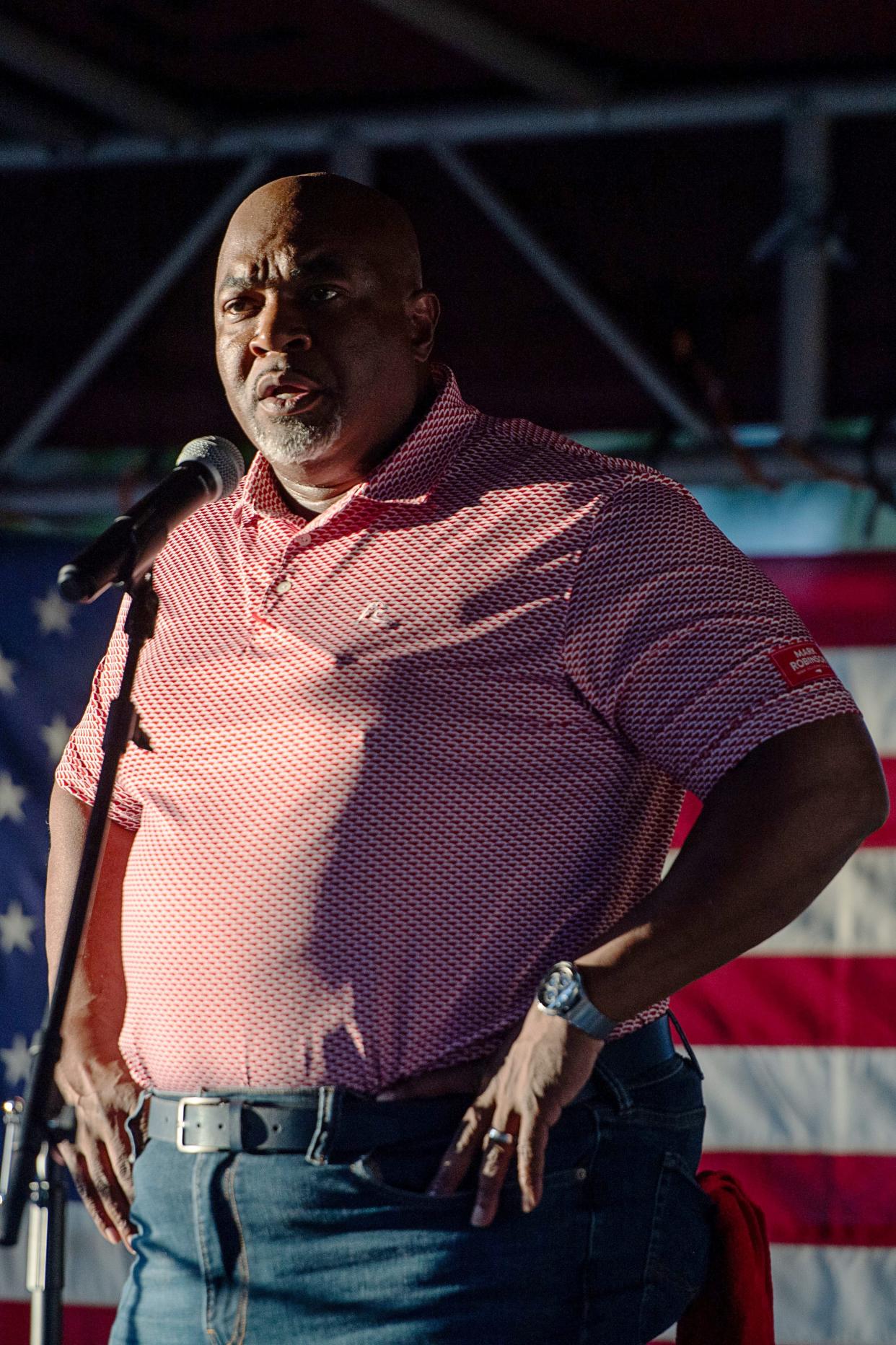 Mark Robinson, Republican candidate for North Carolina governor, speaks at his rally in Burnsville, September 14, 2024.