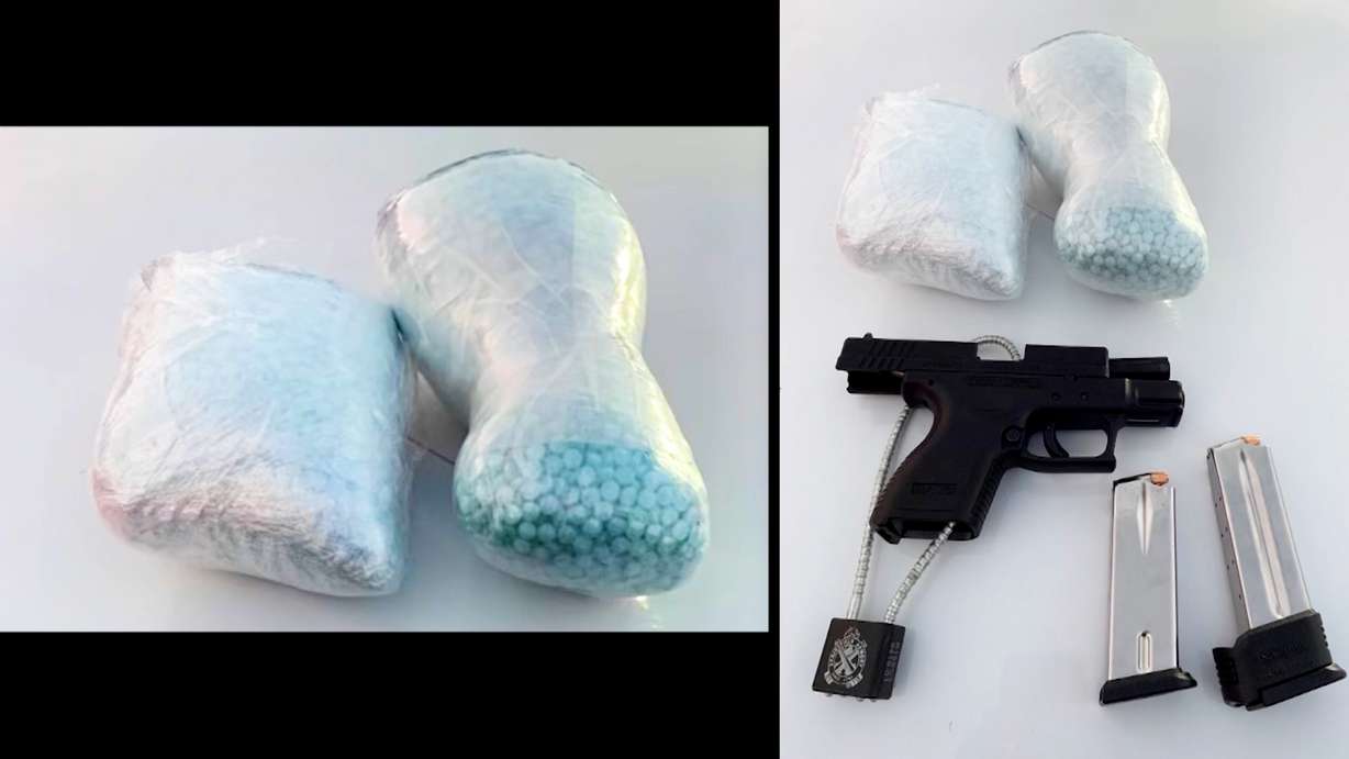 An estimated 18,000 fentanyl pills, firearm, and ammunition seized by Utah Highway Patrol after a traffic stop along I-15 in November 2023.