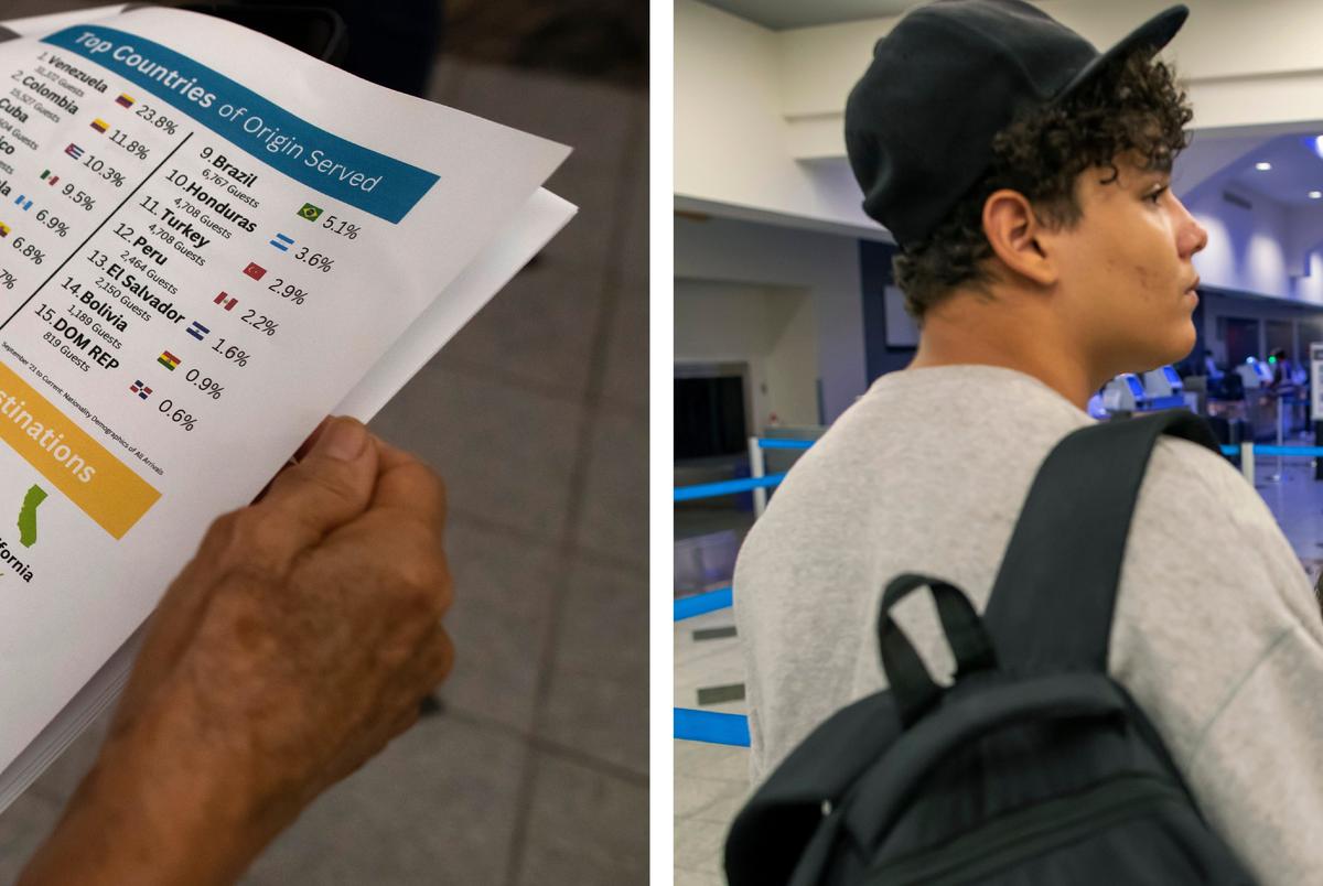 Left: Ceci Herrera, a retired social worker and Border Servant Corps volunteer who helps migrant families navigate the airport, shows the organization's recent statistics at El Paso International Airport in El Paso, Texas, early Friday, Aug. 9, 2024. Right: Cuban migrants Yenny Leyva Bornot, center, her husband, Jose Enrique Cespedes, right, and son, John Angel Cespedes, stand together in the El Paso International Airport in El Paso, Texas, early Friday, Aug. 9, 2024.