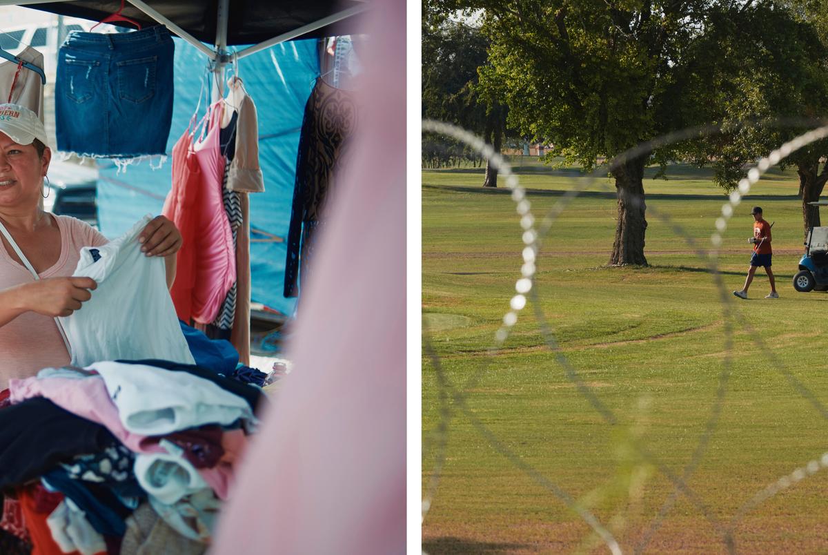 Left:  Amber Cardenas, 42, sells clothing at a flea market near Shelby Park in Eagle Pass, Texas, on Friday, Aug. 9, 2024. Right: A golfer approaches the green, surrounded by razor wire, in Eagle Pass, Texas, on Friday, Aug. 9, 2024.