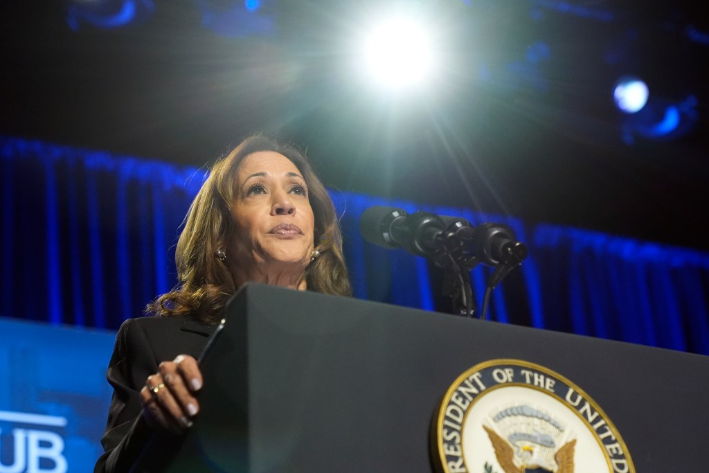 Vice President Kamala Harris delivering a speech at a campaign event at Carnegie Mellon University in Pittsburgh, 2024