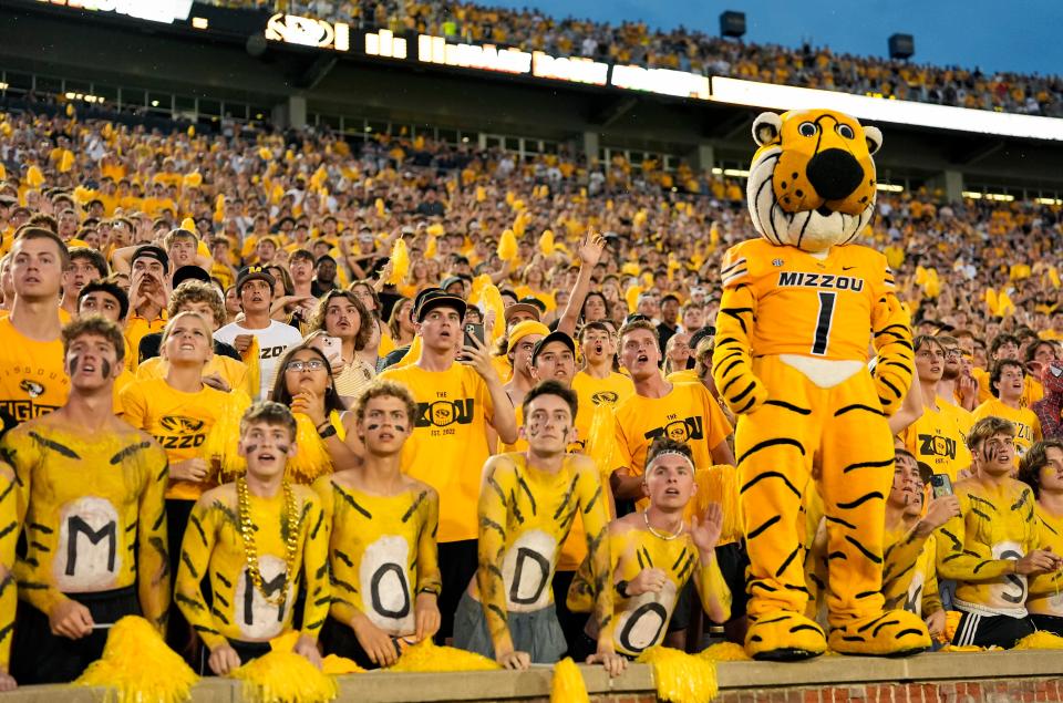 Sep 21, 2024; Columbia, Missouri, USA; The Missouri Tigers student section watches as Vanderbilt Commodores place kicker Brock Taylor (not pictured) misses a field goal to end the game during overtime at Faurot Field at Memorial Stadium. Mandatory Credit: Jay Biggerstaff-Imagn Images