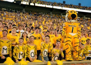 Sep 21, 2024; Columbia, Missouri, USA; The Missouri Tigers student section watches as Vanderbilt Commodores place kicker Brock Taylor (not pictured) misses a field goal to end the game during overtime at Faurot Field at Memorial Stadium. Mandatory Credit: Jay Biggerstaff-Imagn Images