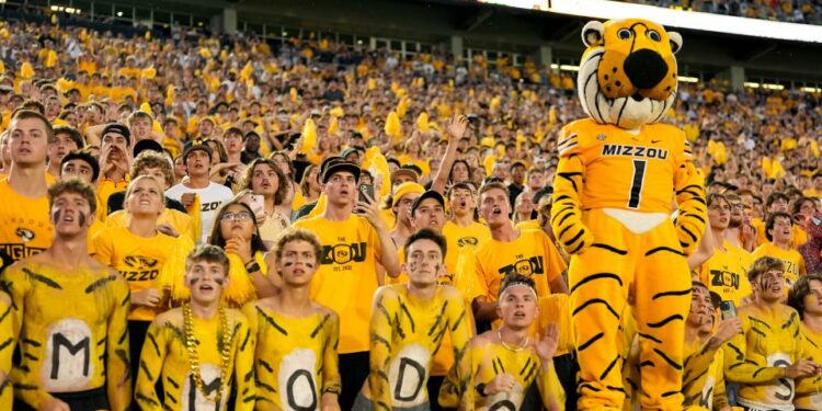 Sep 21, 2024; Columbia, Missouri, USA; The Missouri Tigers student section watches as Vanderbilt Commodores place kicker Brock Taylor (not pictured) misses a field goal to end the game during overtime at Faurot Field at Memorial Stadium. Mandatory Credit: Jay Biggerstaff-Imagn Images