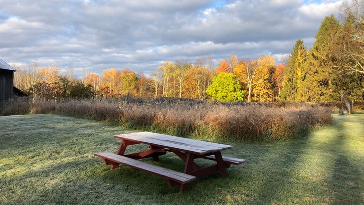 the grounds on the robert frost stone house museum in bennington vermont on a brisk fall day