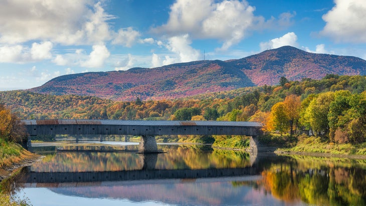 Autumn view of the Cornish-Windsor Covered Bridge, the longest wood-covered span in the U.S.