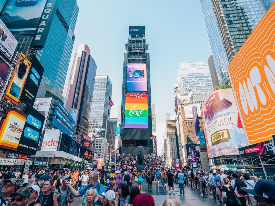 Crowds of people gathered in New York City's Times Square.