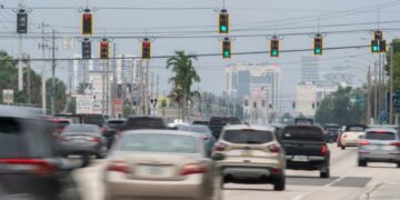 Traffic travels eastbound along Okeechobee Boulevard on August 9, 2024, in West Palm Beach, Florida.