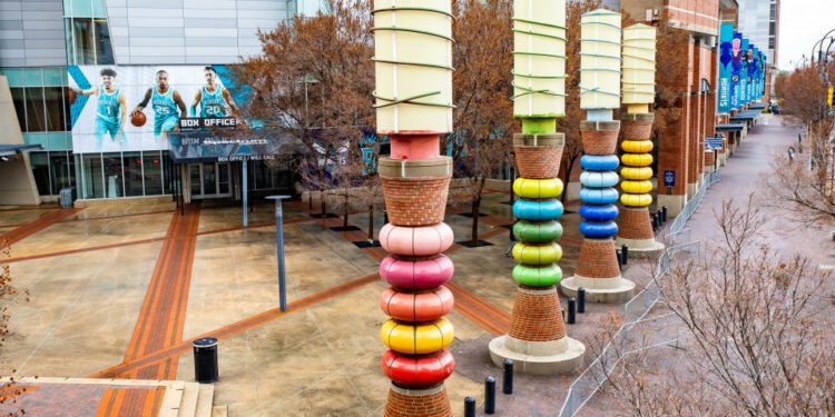 Charlotte, NC, USA - 12-27-2023: Charlotte Spectrum stadium colorful entrance exterior