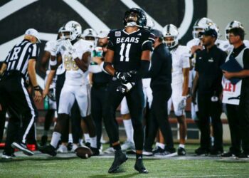 Missouri State Bears linebacker Dallas Winner-Johnson (11) celebrates after making a sack on the Lindenwood Lions at Plaster Stadium on Saturday, Sept. 14, 2024.