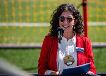 Natalie El-Deiry, who heads the Utah Center for Global Talent and New Americans, speaks at a Sept. 18 naturalization ceremony at the Real Salt Lake stadium in Sandy.