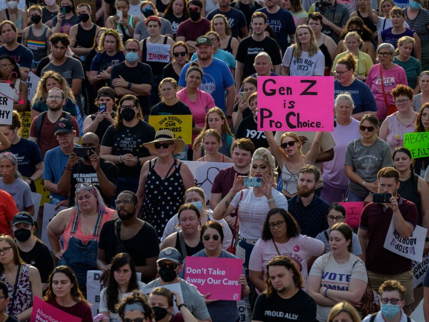 Abortion-rights activists demonstrate outside the Planned Parenthood in St. Louis on June 24, 2022, just after the Supreme Court struck down Roe v. Wade. 