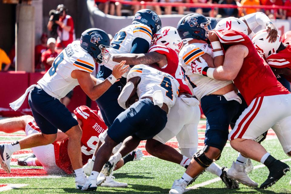 UTEP Miners running back Jevon Jackson (4) is tackled for a safety by the Nebraska Cornhuskers on Saturday during the second quarter at Memorial Stadium in Lincoln, Nebraska.