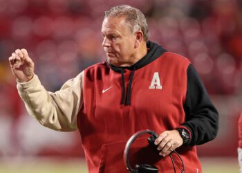 Arkansas Razorbacks head coach Sam Pittman during the fourth quarter against the Missouri Tigers at Donald W. Reynolds Razorback Stadium. Missouri won 48-14.