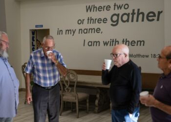 Congregation members of Connection Christian Church gather for a conversation before the start of the church’s Classic service Sunday, Aug. 11, 2024, in Odessa.