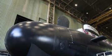 The pre-commissioning unit (PCU) Idaho (SSN 799) seen prior to a christening ceremony at General Dynamics Electric Boat shipyard facility in Groton, Conn., March 16, 2024. (Photo: John Narewski/ U.S. Navy)