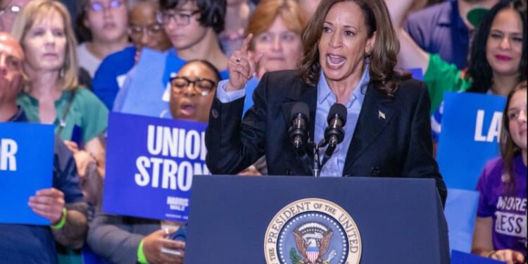 Vice President Kamala Harris speaks during a campaign event in Pittsburgh at IBEW Local Union #5 on Labor Day. Photo by David Muse/UPI