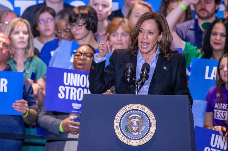 Vice President Kamala Harris speaks during a campaign event in Pittsburgh at IBEW Local Union #5 on Labor Day. Photo by David Muse/UPI